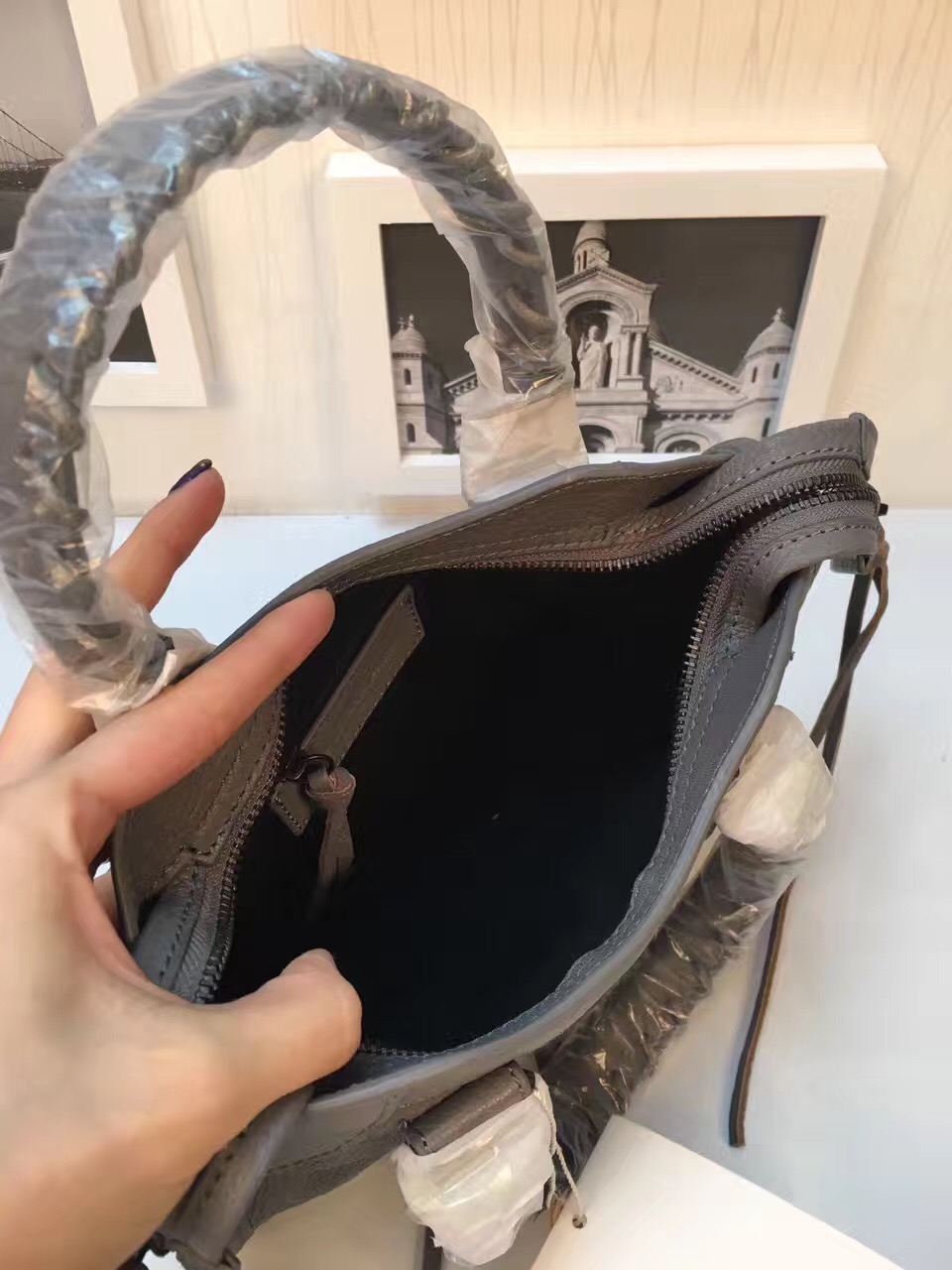 balenciaga city mini gray goatskin dark handbags
