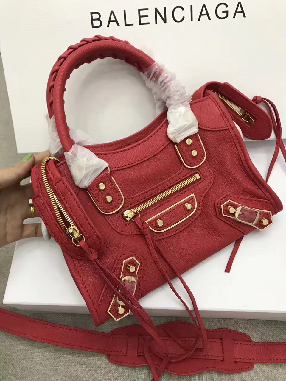 balenciaga city mini goatskin red handbags