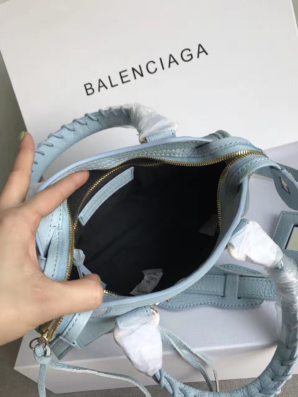 balenciaga city light goatskin blue mini handbags