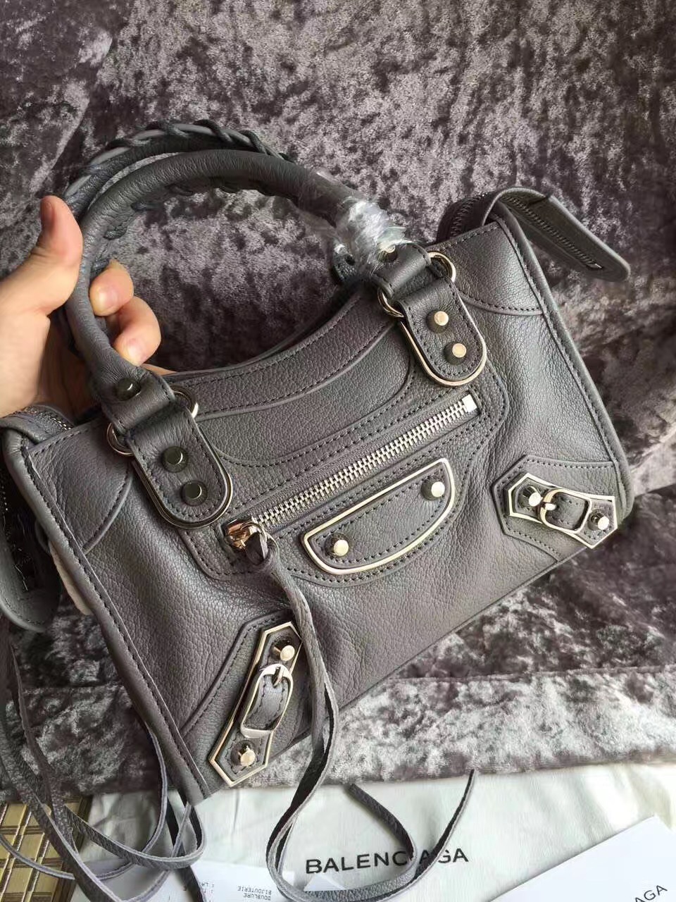 balenciaga city mini goatskin gray handbags