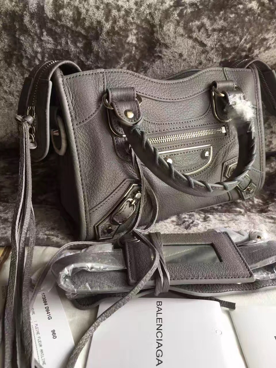 balenciaga city mini goatskin gray handbags