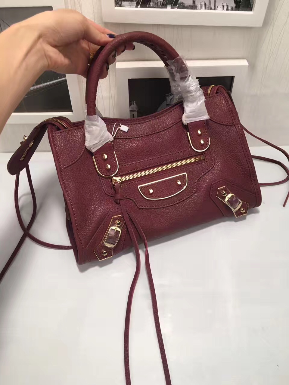 balenciaga city small goatskin wine handbags