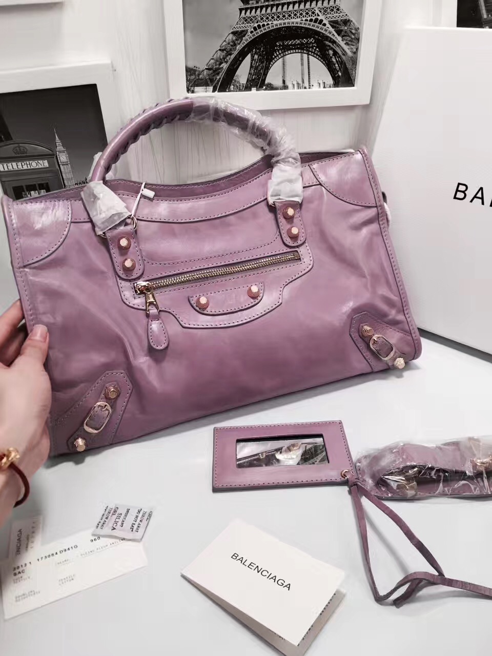 balenciaga city large purple handbags