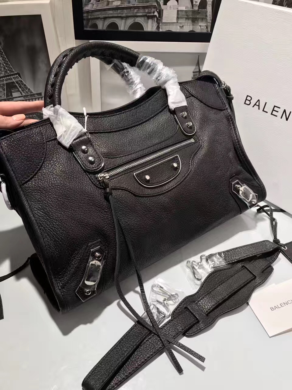 balenciaga city black large goatskin handbags