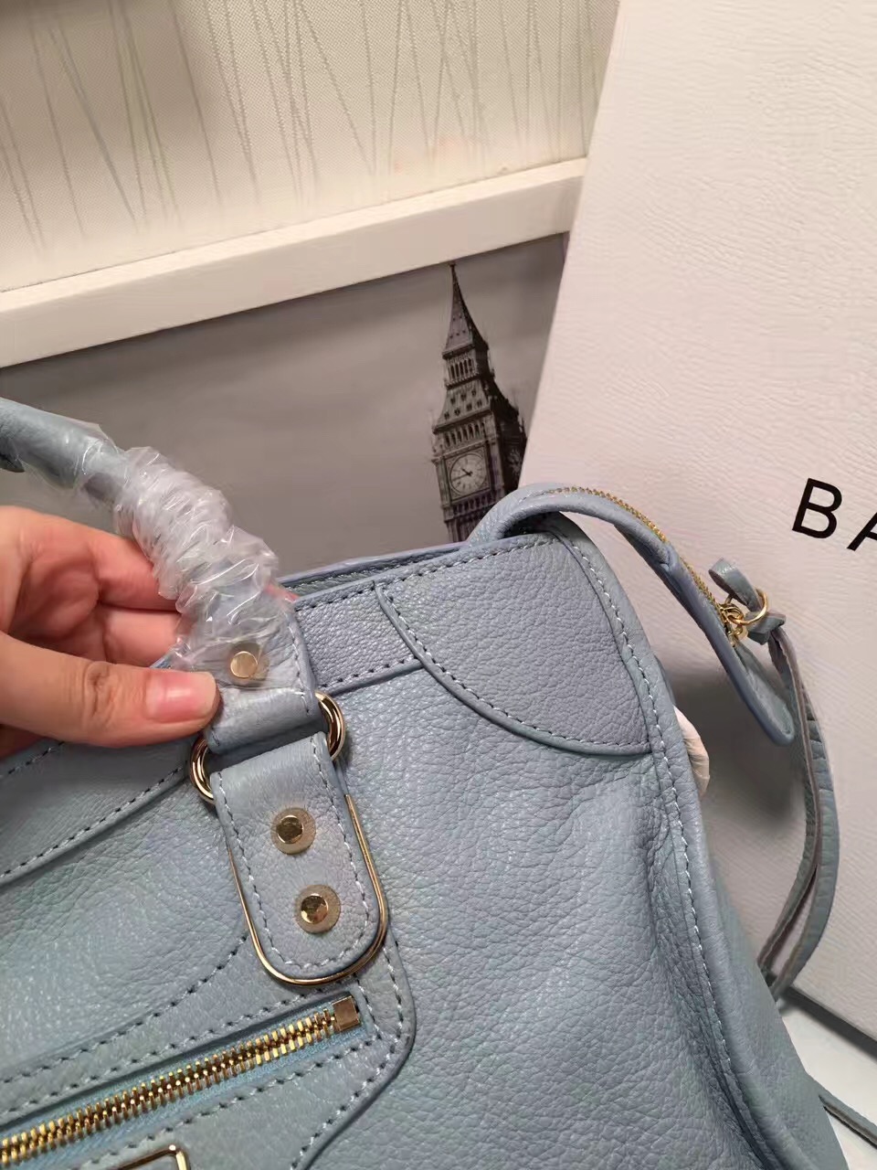 balenciaga city large blue goatskin light handbags