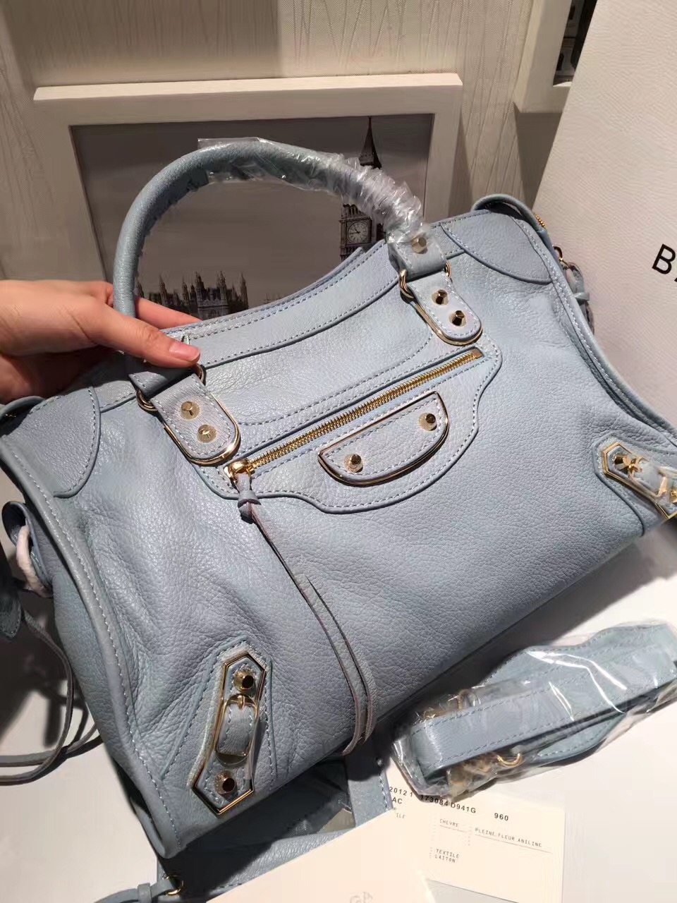 balenciaga city large blue goatskin light handbags