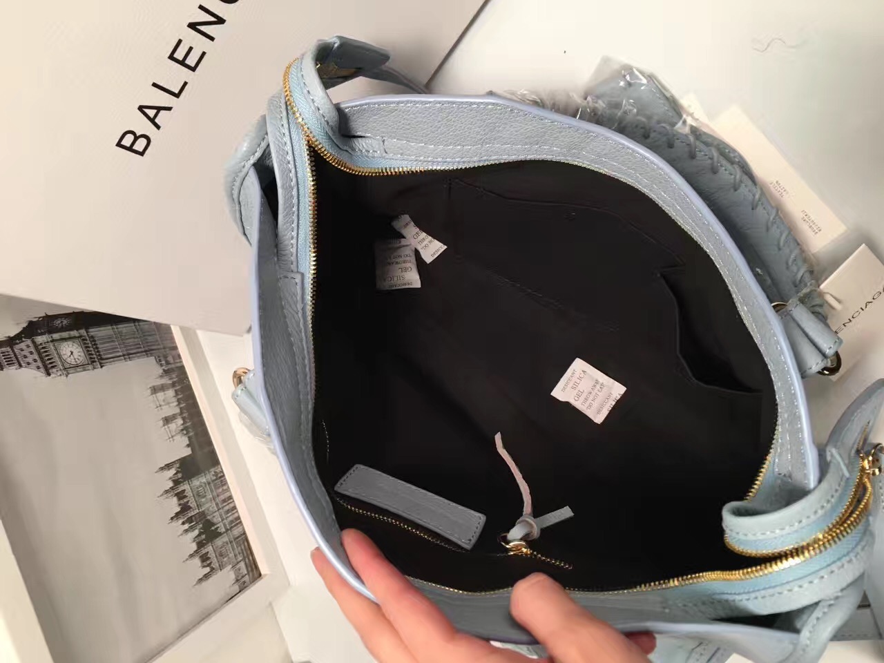 balenciaga city large blue goatskin light handbags