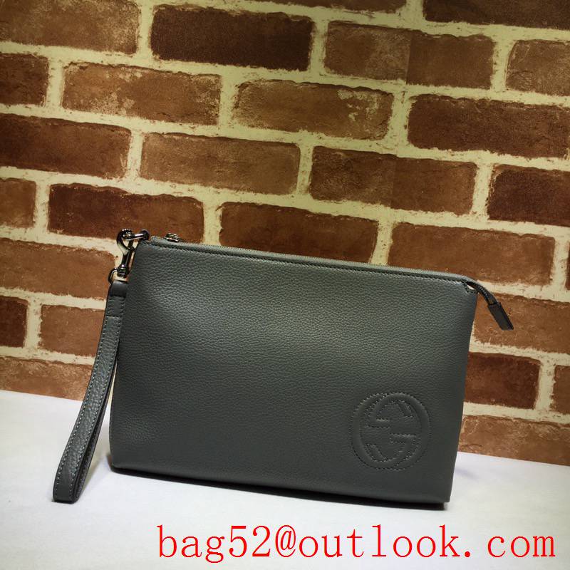 Gucci GG Grained Leather Men gray large soho Clutch Bag Purse