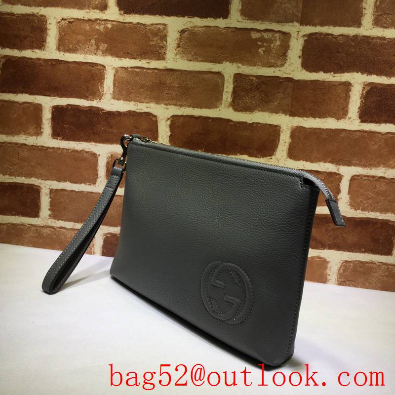 Gucci GG Grained Leather Men gray large soho Clutch Bag Purse