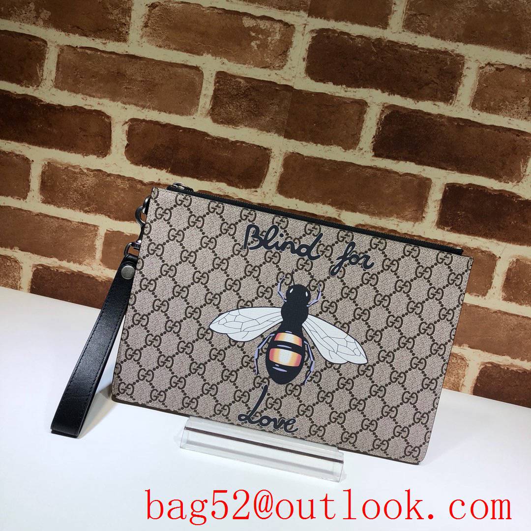 Gucci GG Supreme Men calfskin Clutch bee Purse Bag