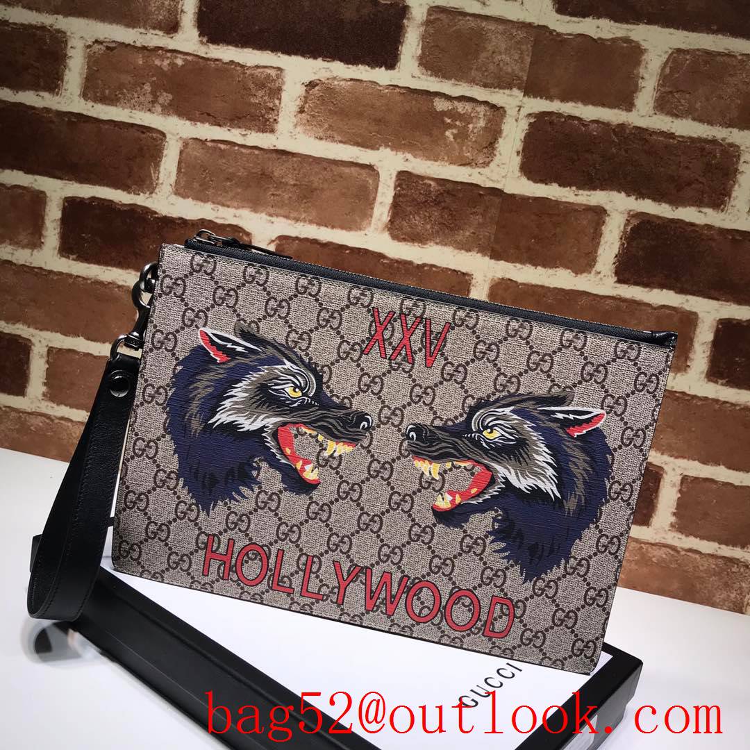 Gucci GG Supreme Men calfskin Clutch wolf Purse Bag