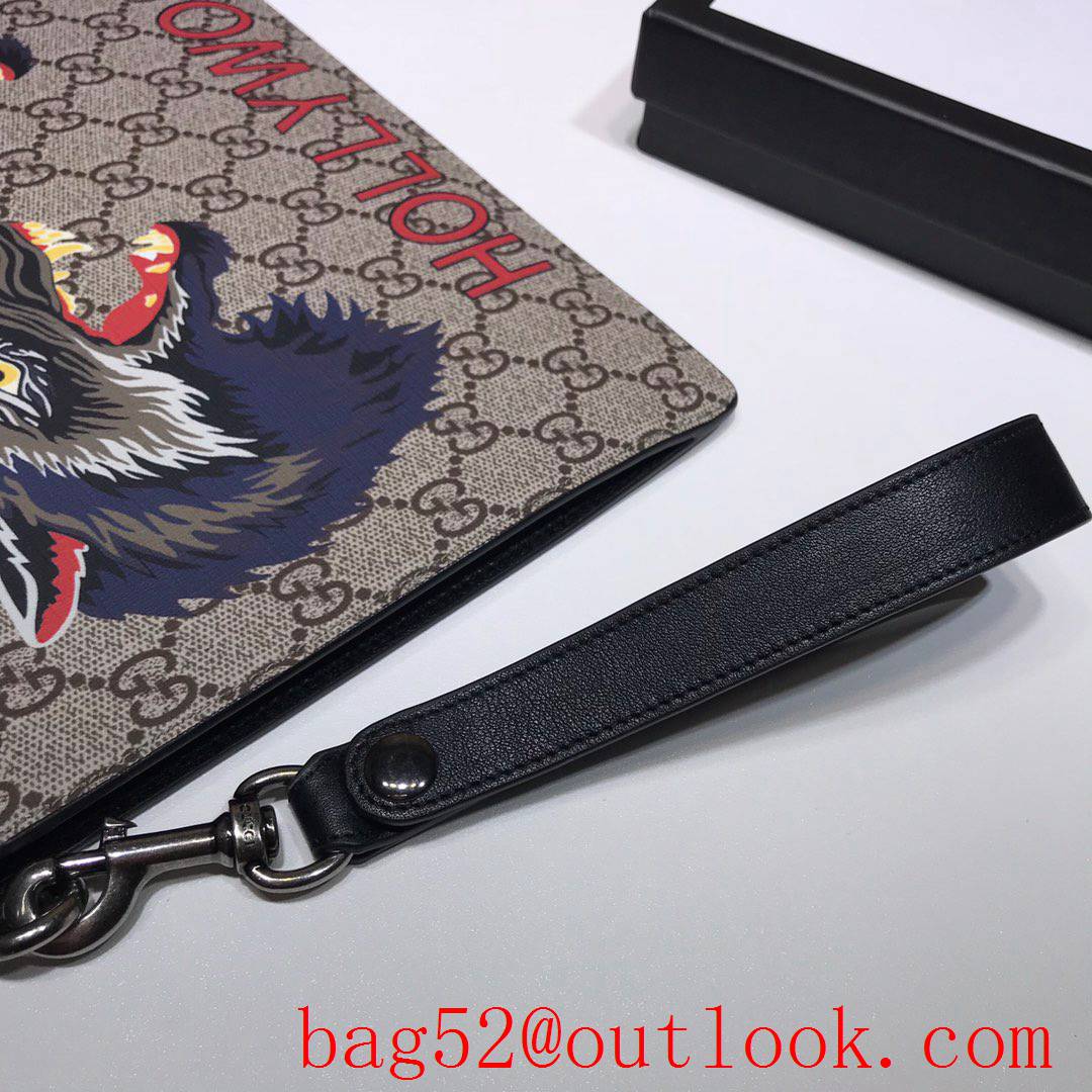 Gucci GG Supreme Men calfskin Clutch wolf Purse Bag