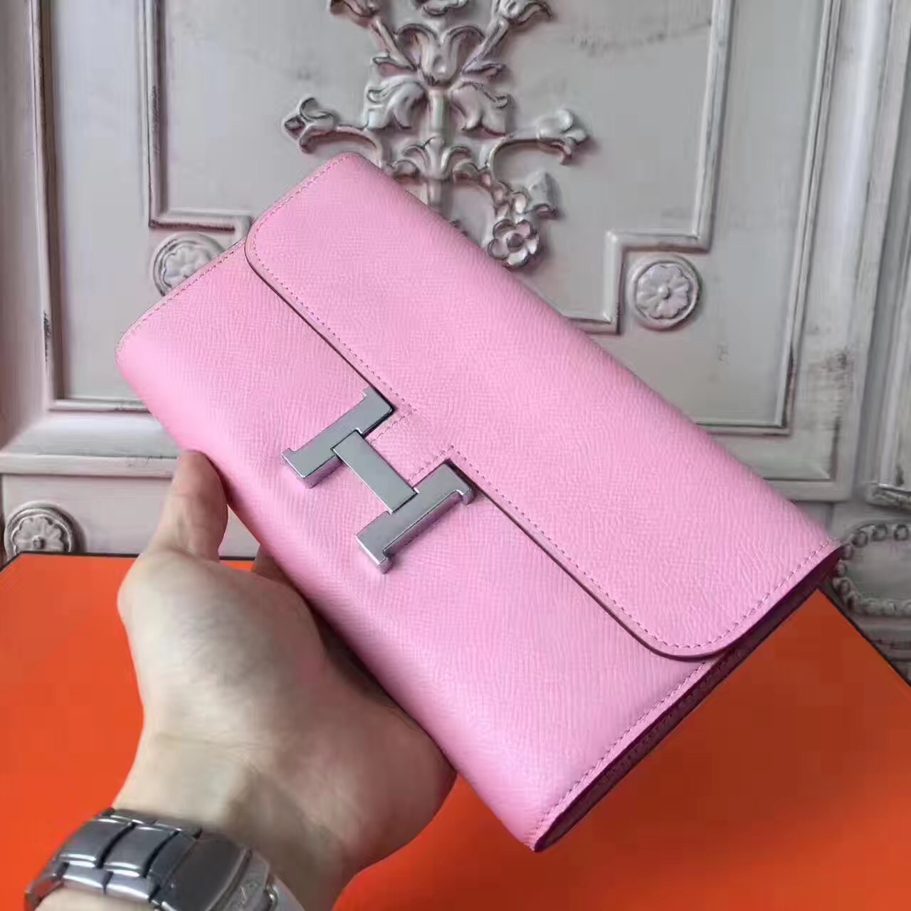 Hermes large Constance pink top leather wallet handbags