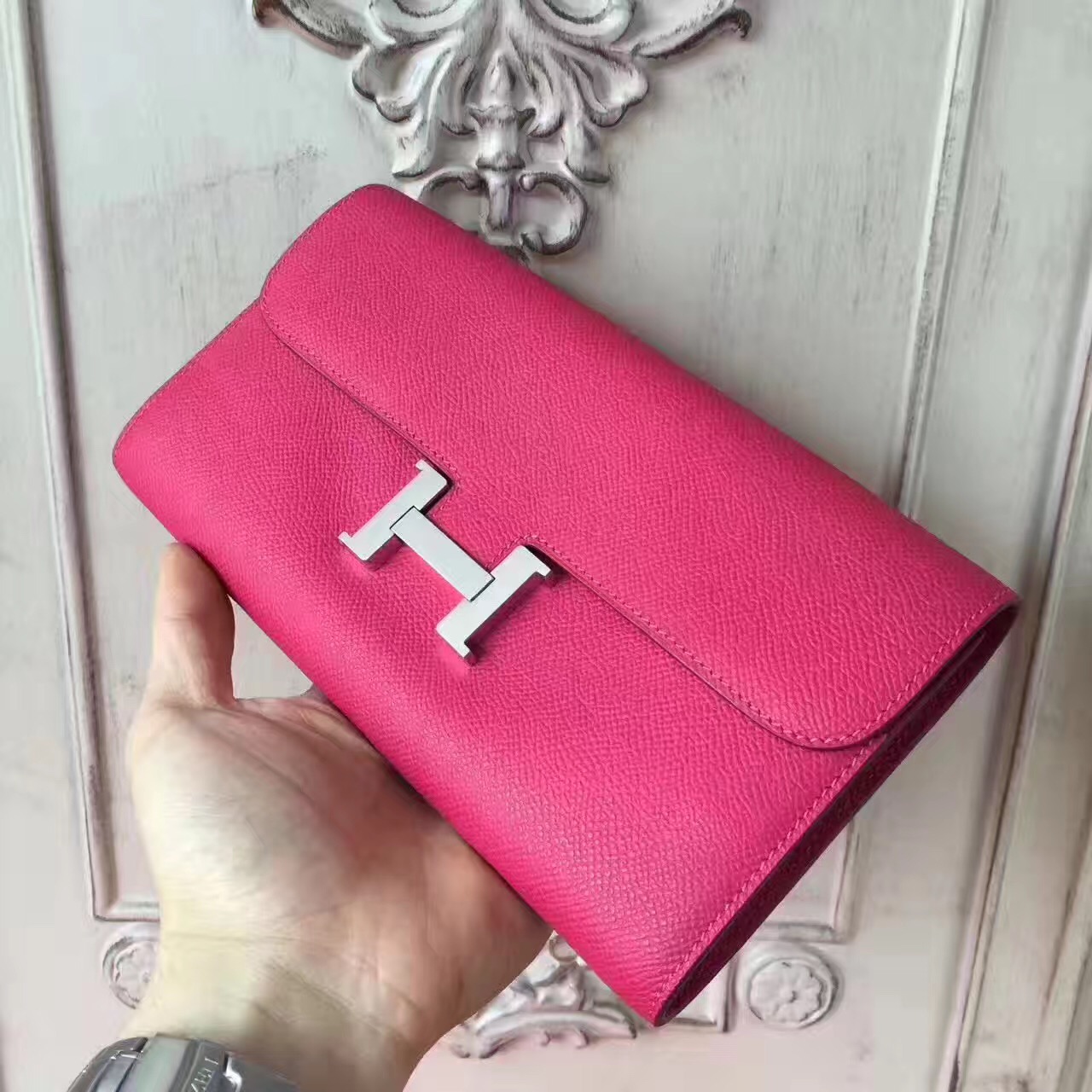 Hermes large Constance rose top leather red wallet handbags