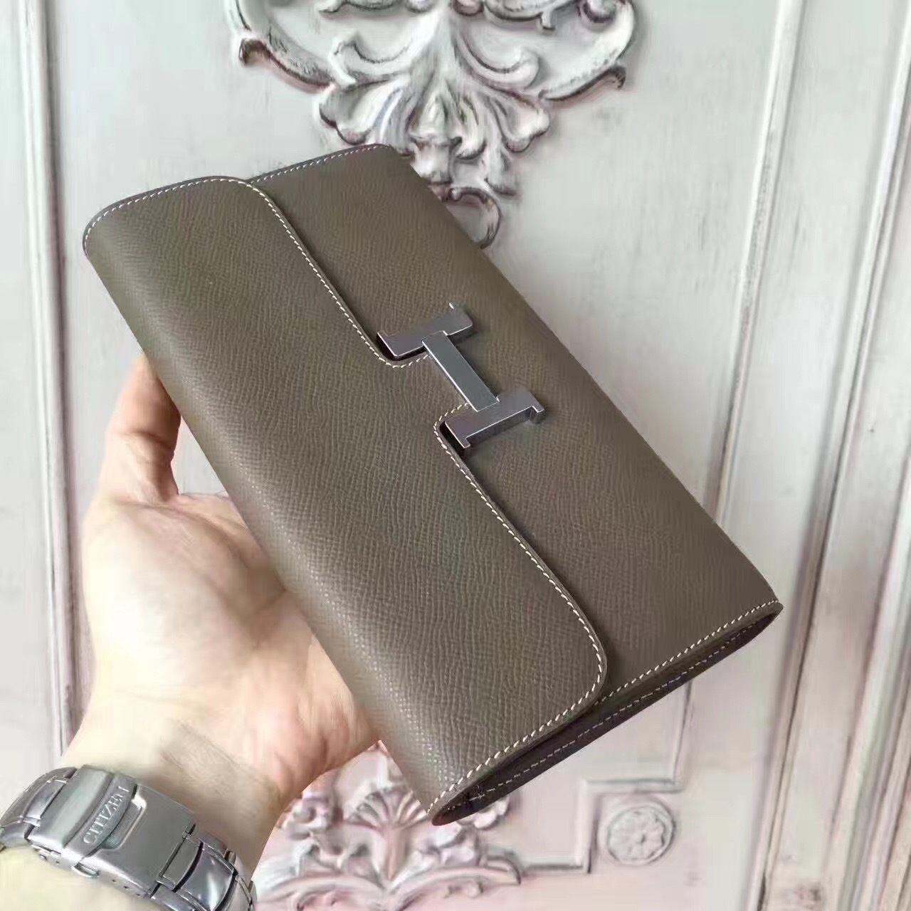 Hermes large Constance gray top leather wallet handbags