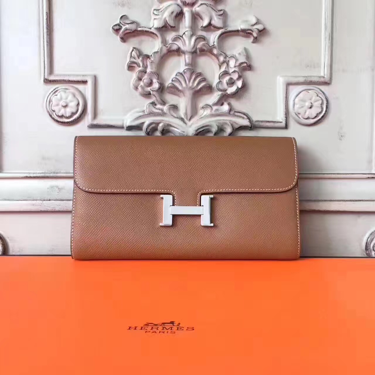 Hermes large Constance tan top leather wallet handbags