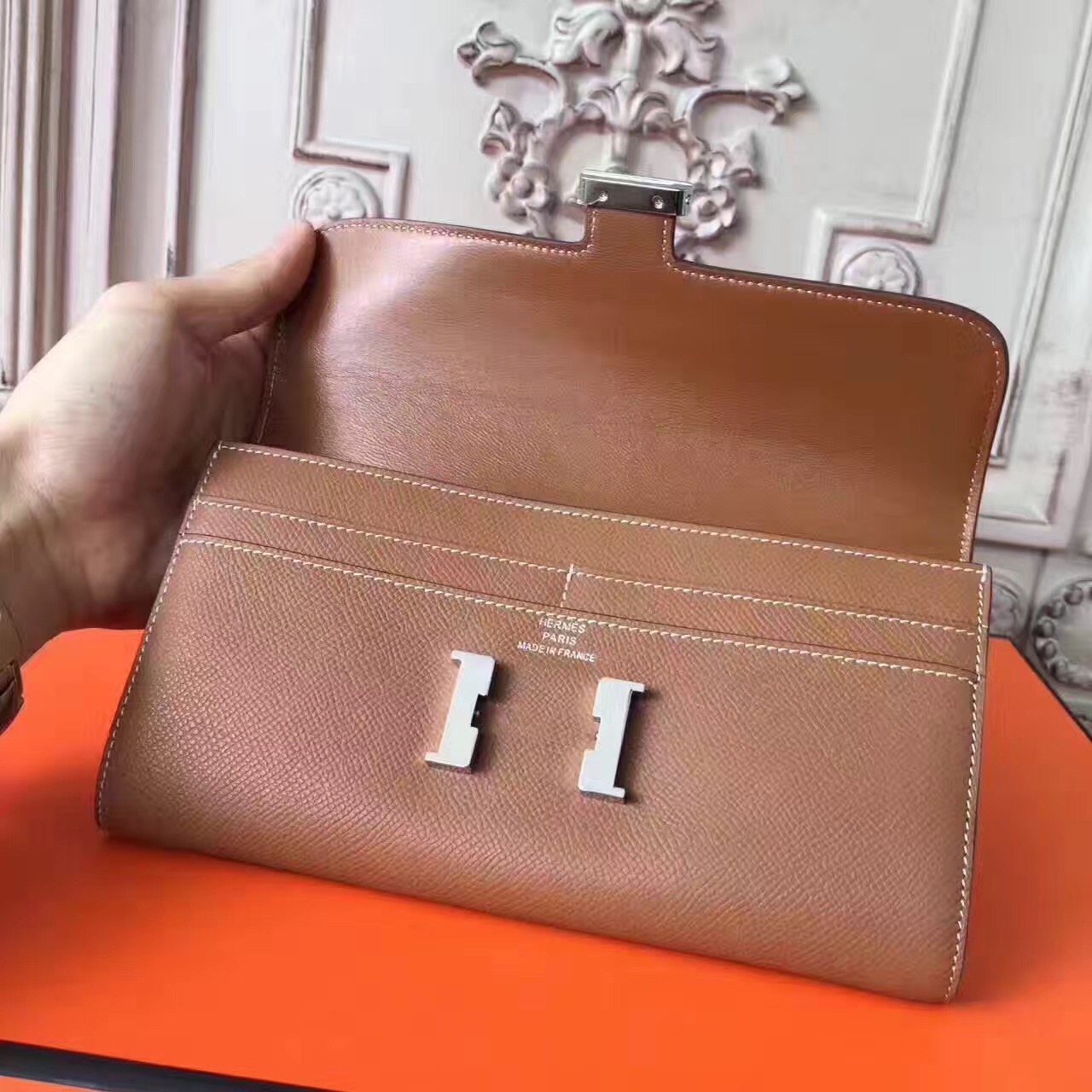 Hermes large Constance tan top leather wallet handbags