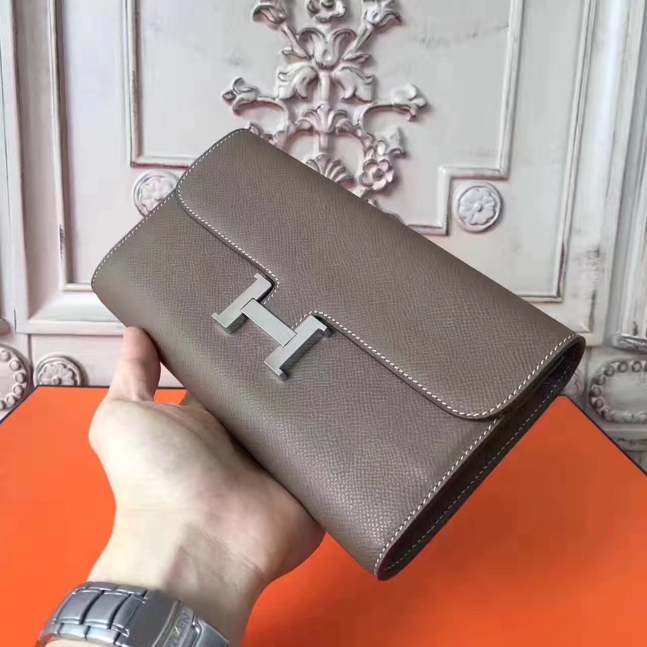 Hermes large Constance gray top leather wallet handbags