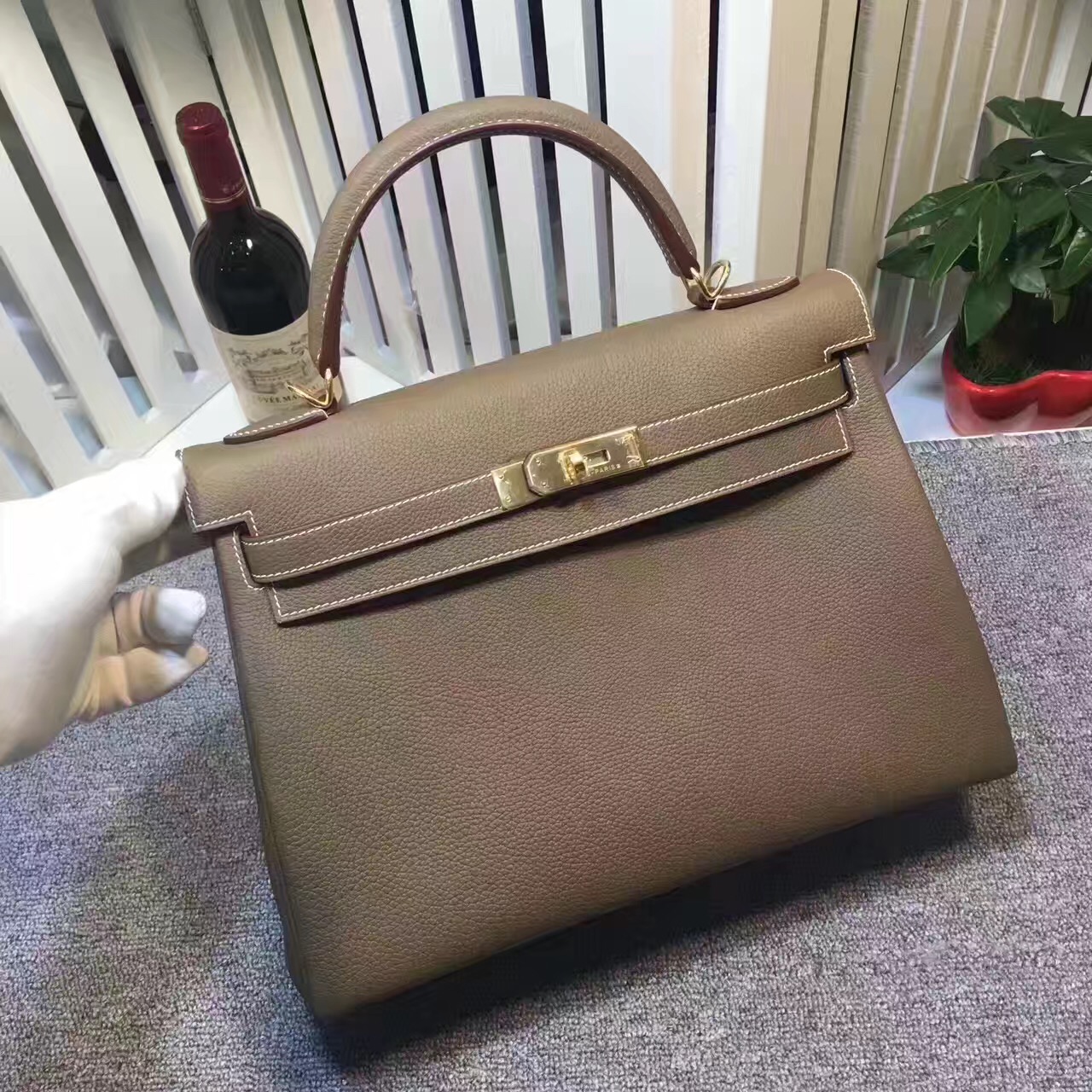 Hermes large Kelly gray top leather handbags