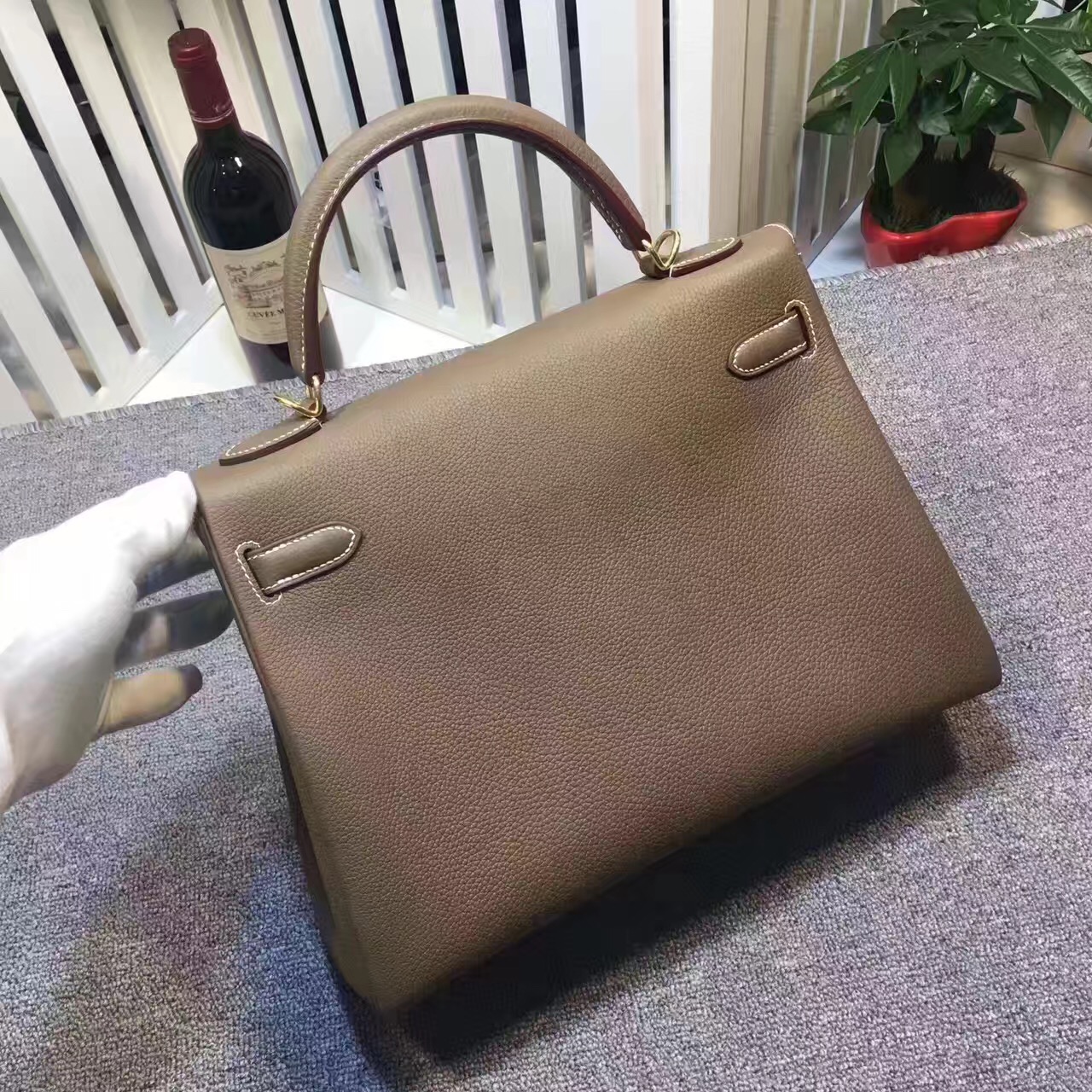 Hermes large Kelly gray top leather handbags