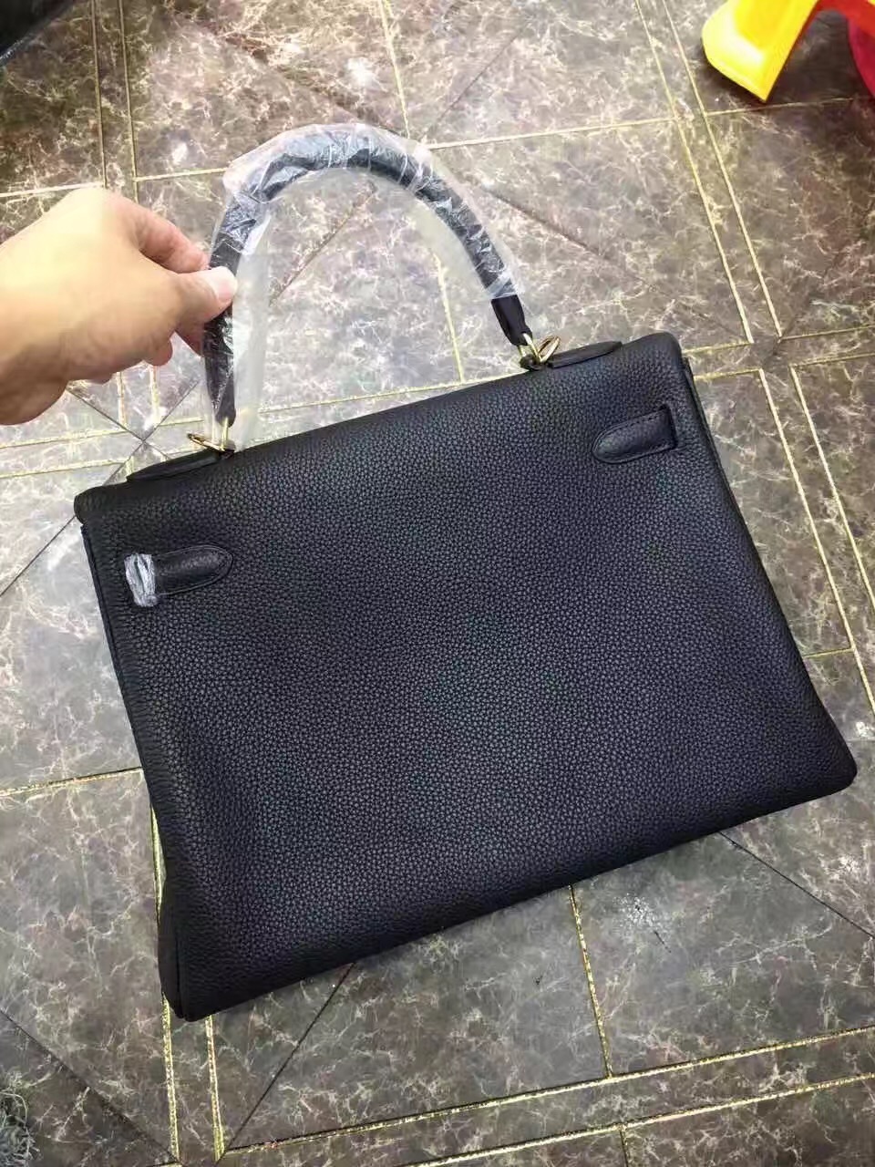 Hermes large Kelly black top leather handbags