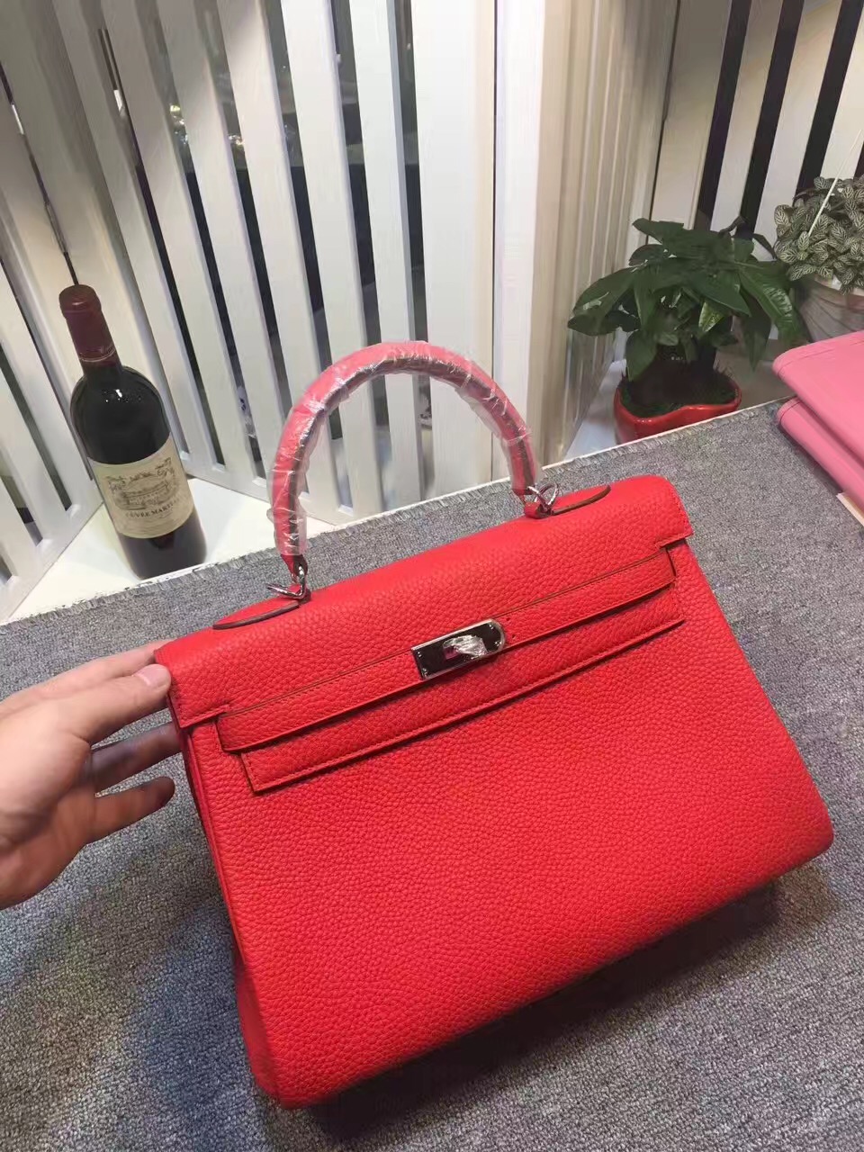 Hermes large Kelly red top leather handbags