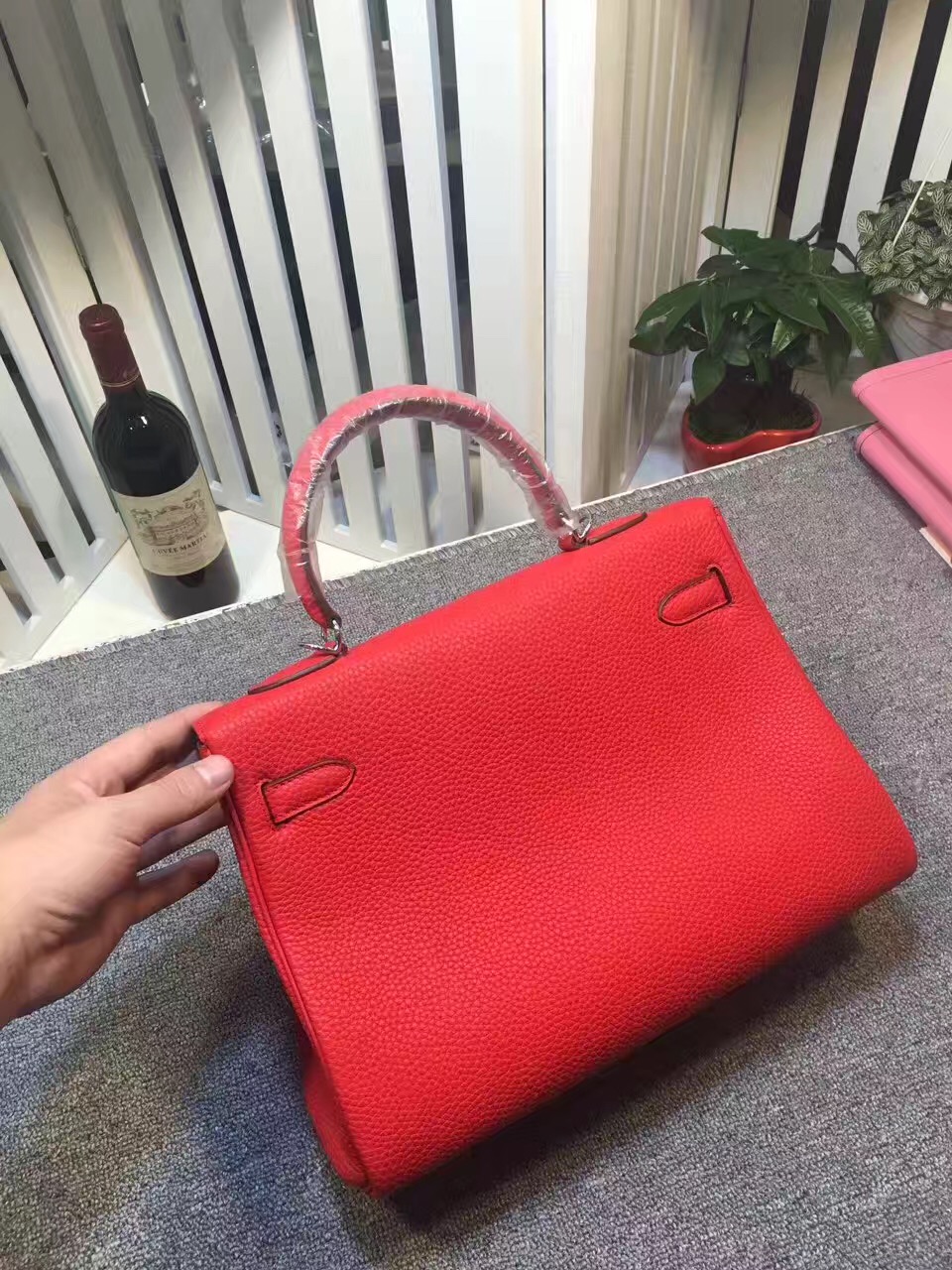 Hermes large Kelly red top leather handbags