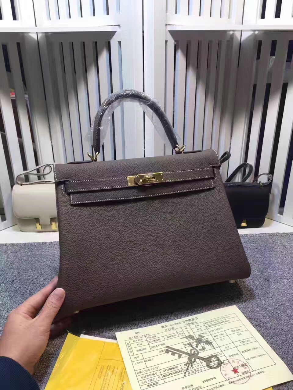 Hermes large Kelly gray top leather handbags