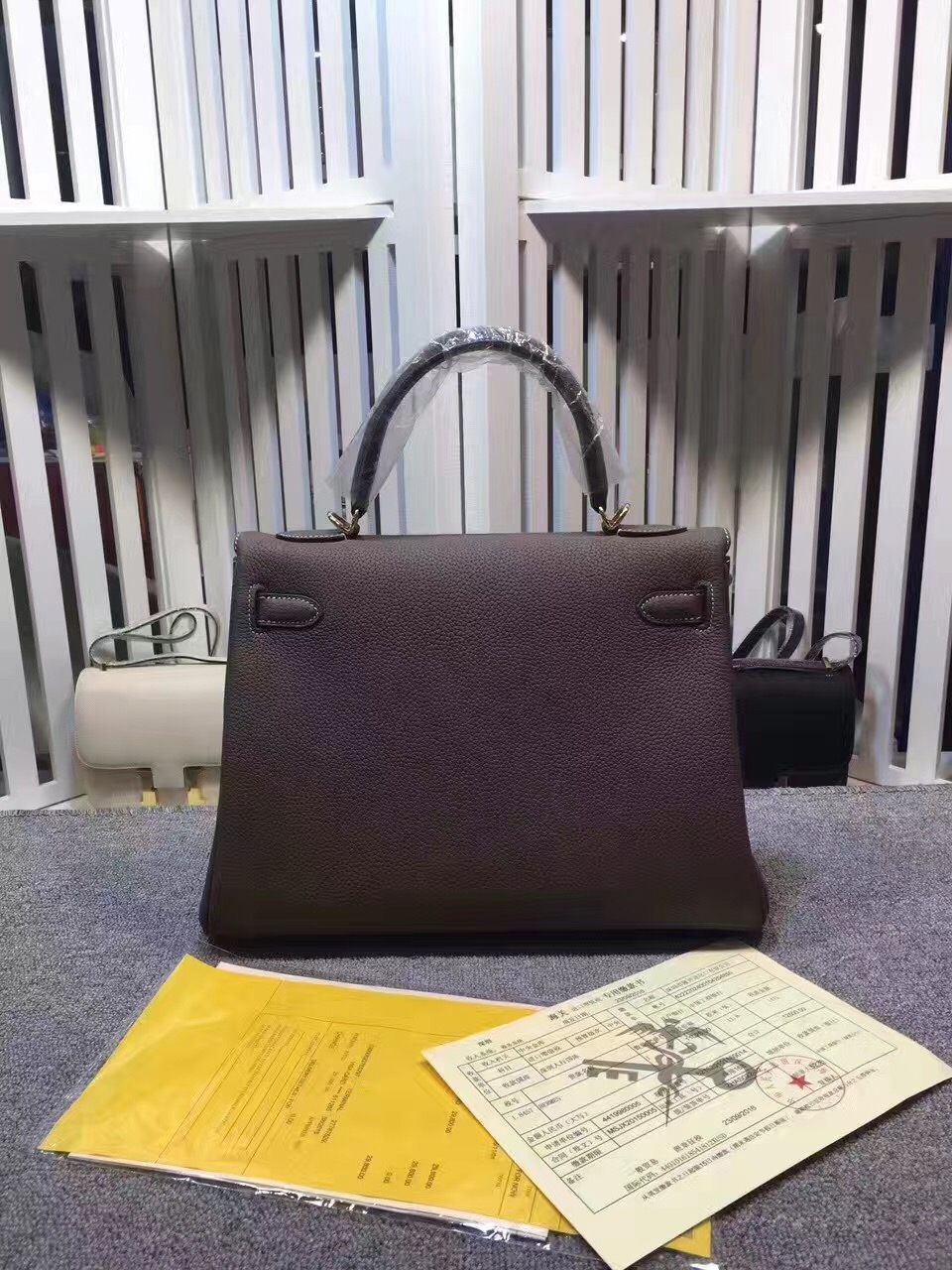 Hermes large Kelly gray top leather handbags