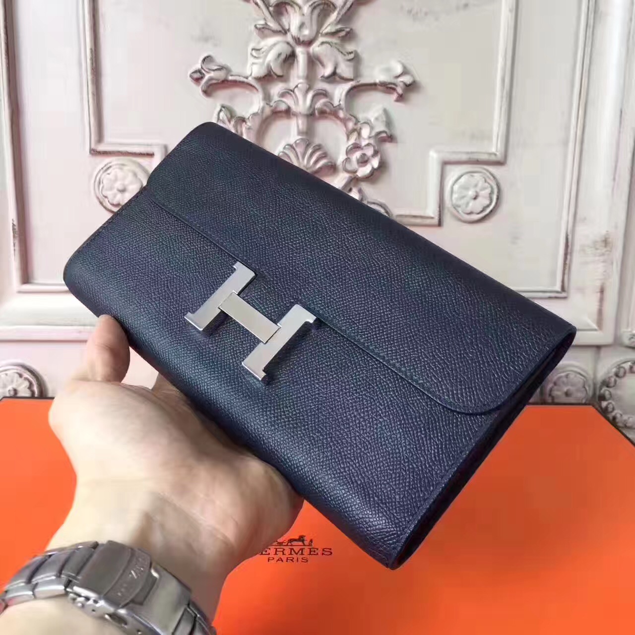 Hermes large Constance leather black top wallet handbags