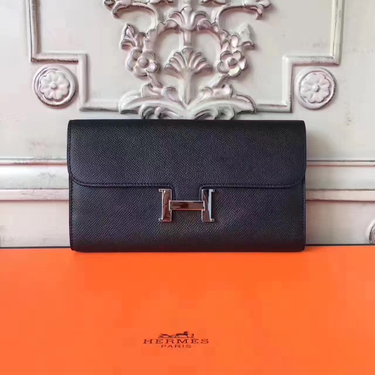 Hermes large Constance leather black top wallet handbags