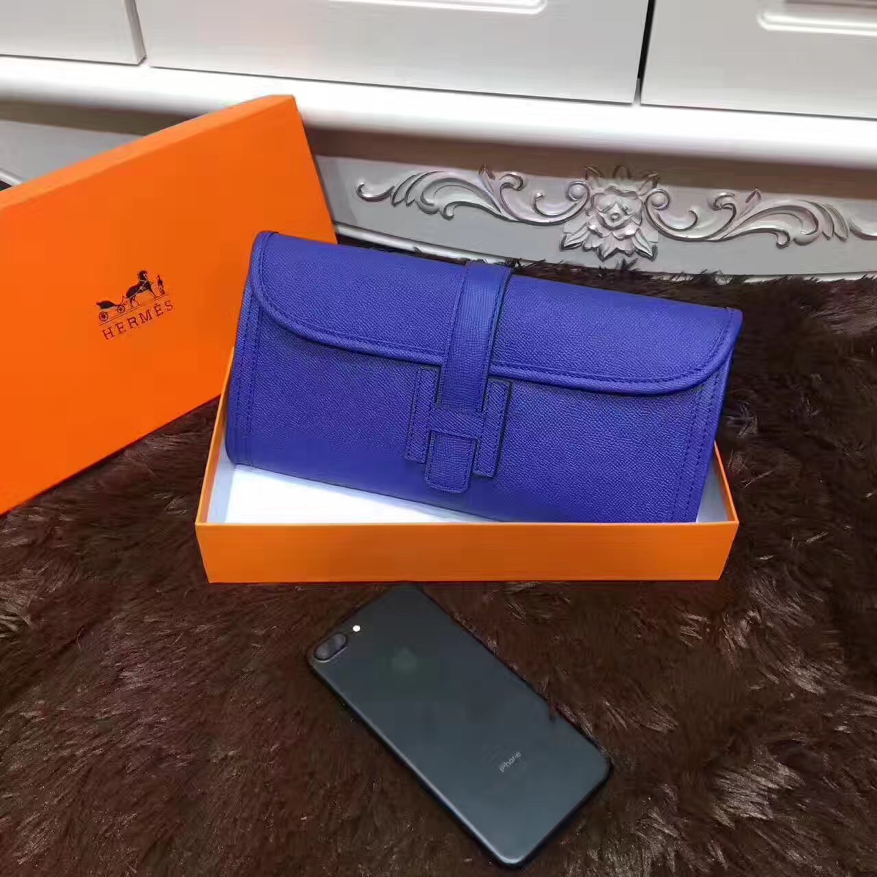 Hermes Epsom large clutch navy handbags