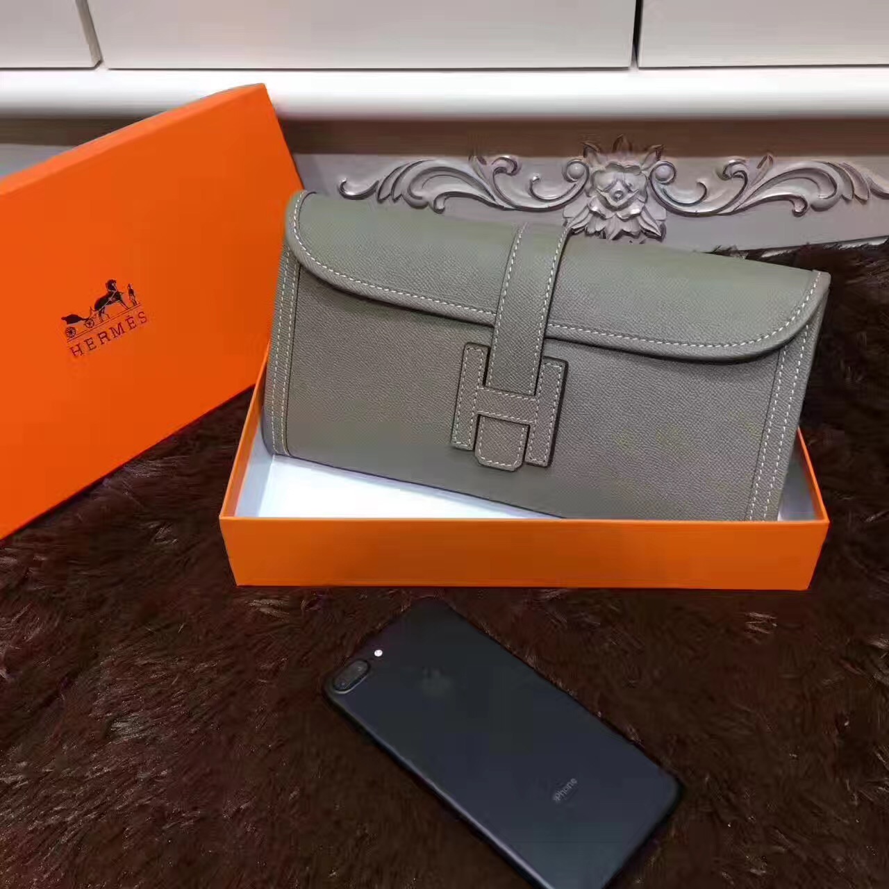 Hermes Epsom large clutch gray handbags