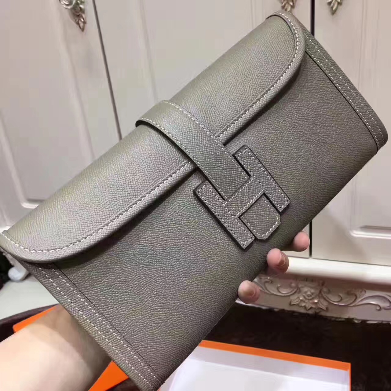 Hermes Epsom large clutch gray handbags