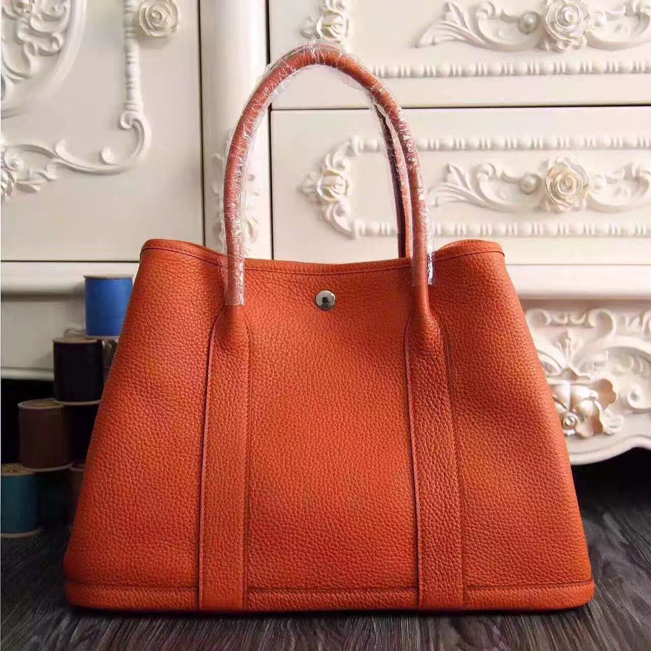 Hermes Garden Party orange top leather handbags