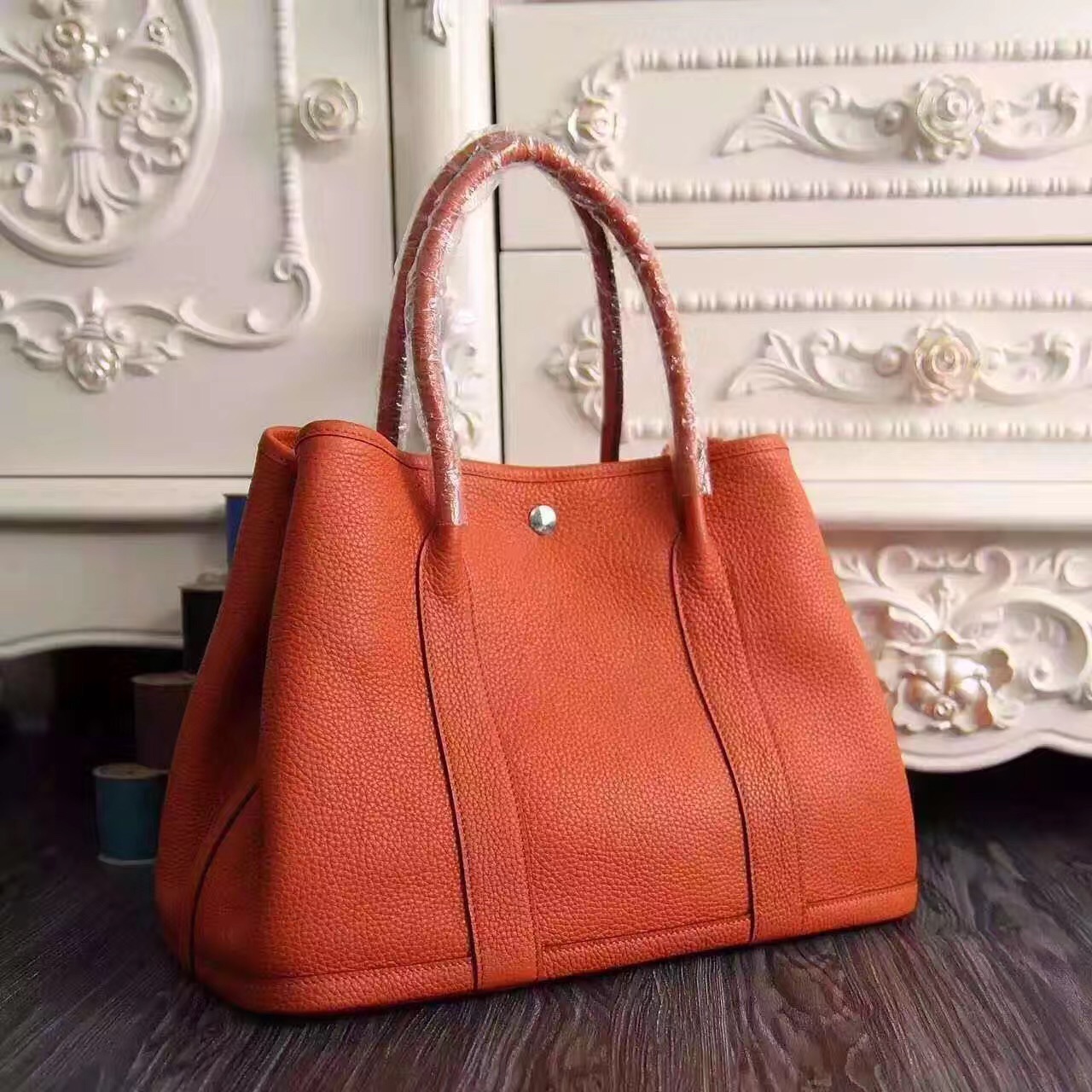 Hermes Garden Party orange top leather handbags