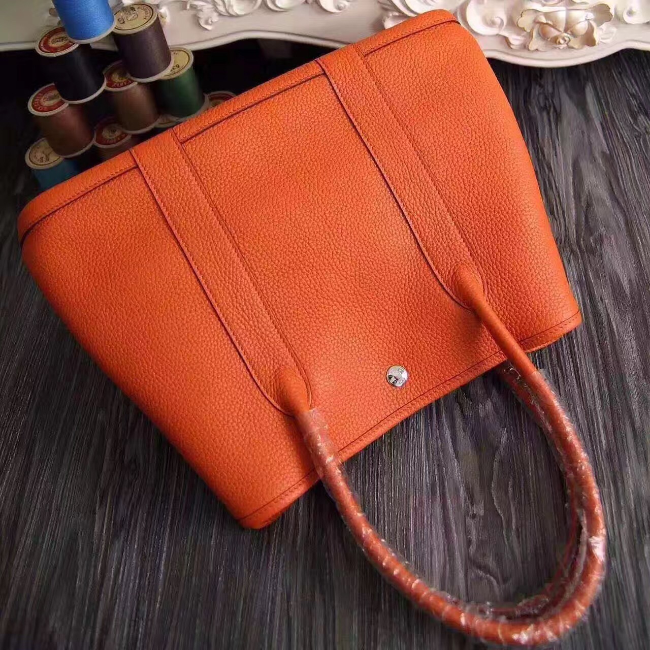 Hermes Garden Party orange top leather handbags