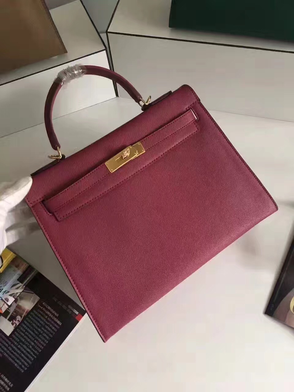 Hermes Epsom 32cm leather Kelly top wine handbags