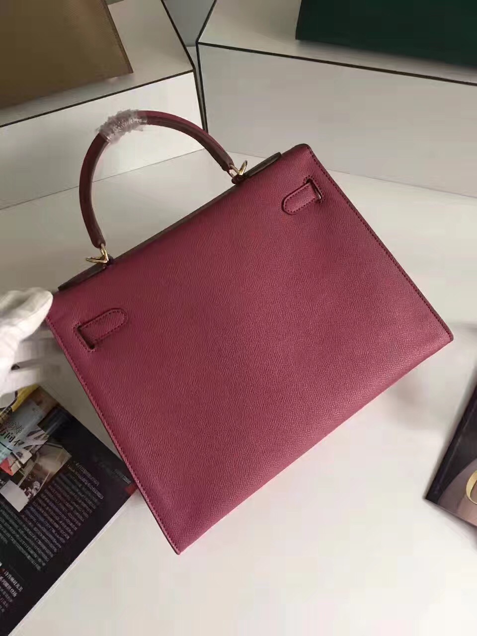 Hermes Epsom 32cm leather Kelly top wine handbags