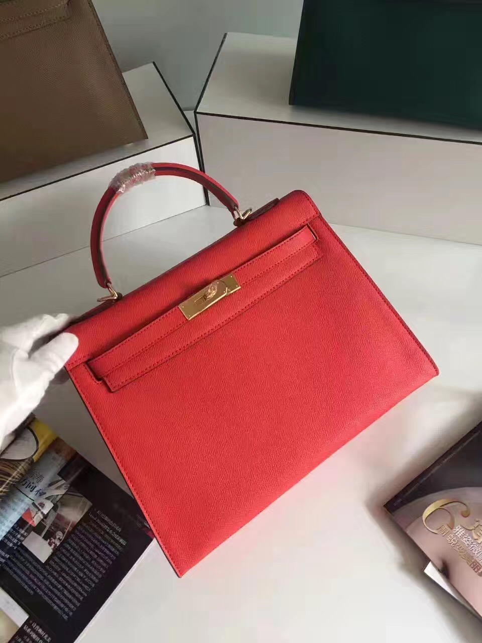 Hermes Epsom 32cm leather Kelly top red handbags