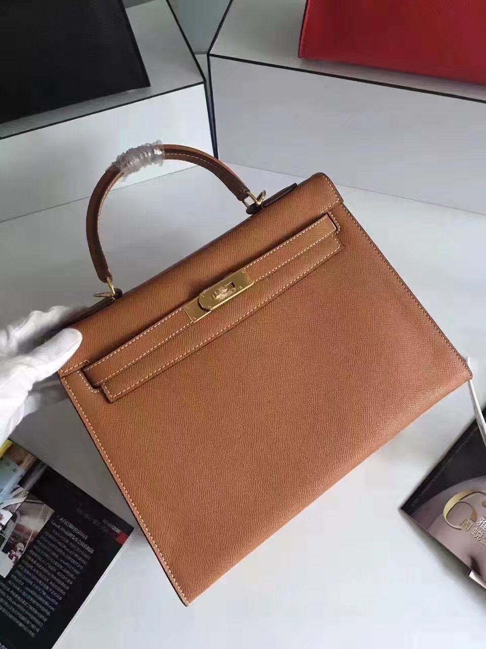 Hermes Epsom 32cm leather Kelly top tan handbags