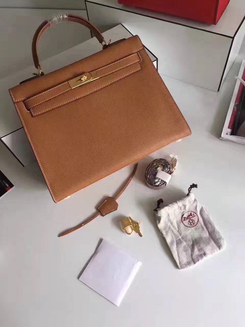 Hermes Epsom 32cm leather Kelly top tan handbags