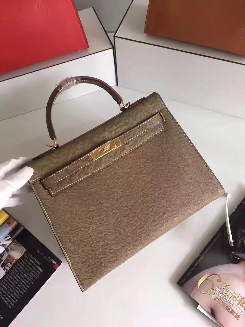 Hermes Epsom 32cm leather Kelly top gray handbags