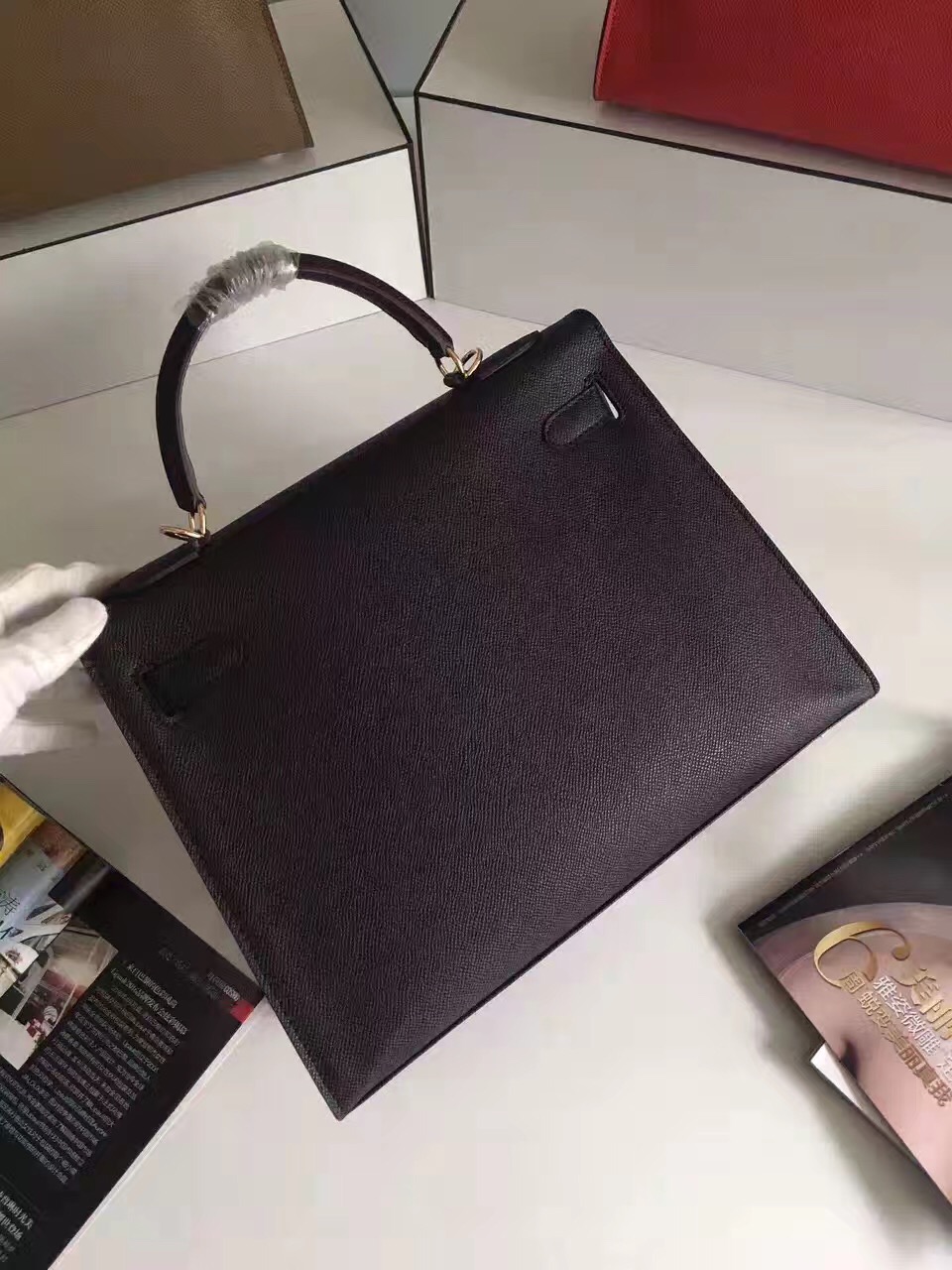 Hermes Epsom 32cm leather Kelly top black handbags