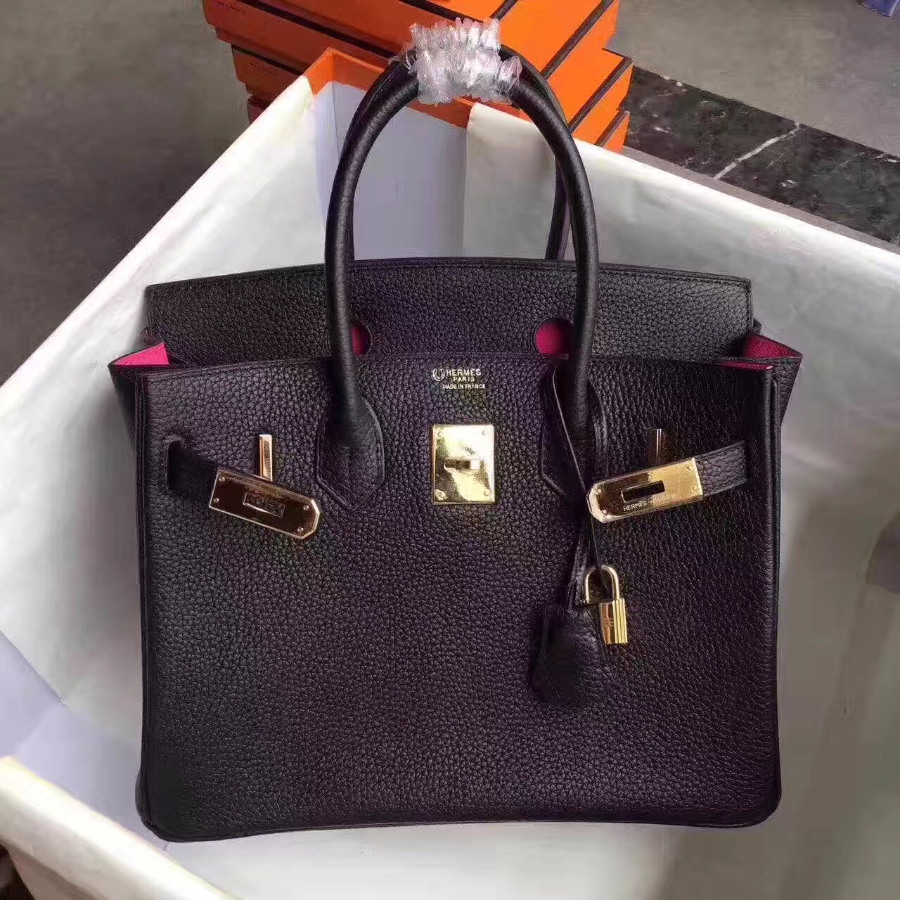 Hermes Birkin black top leather handbags