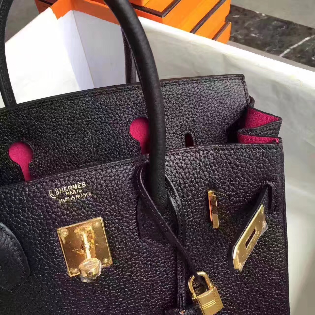 Hermes Birkin black top leather handbags