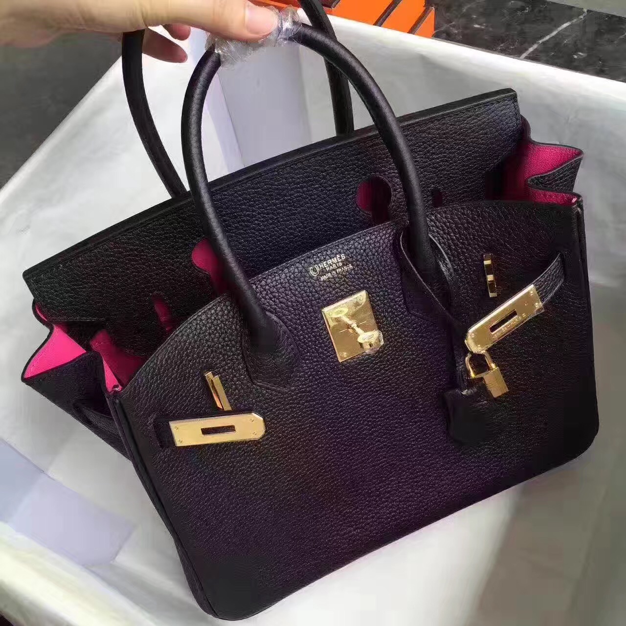 Hermes Birkin black top leather handbags