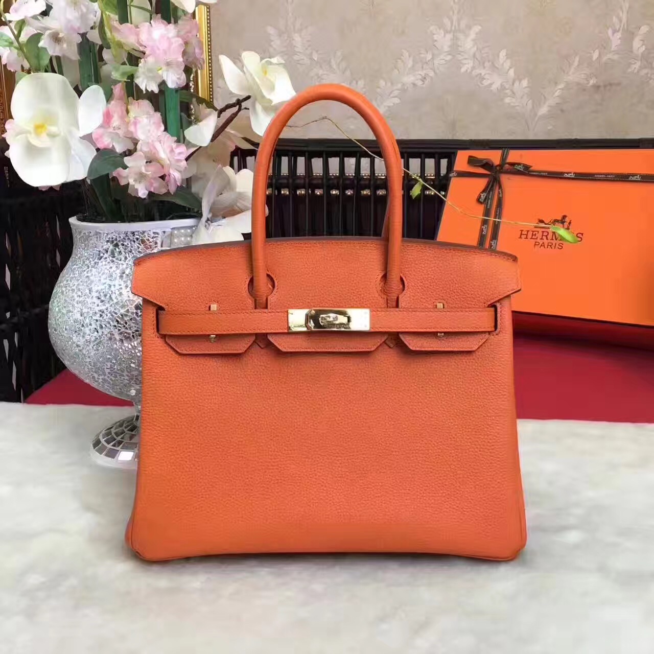 Hermes Birkin top leather orange handbags