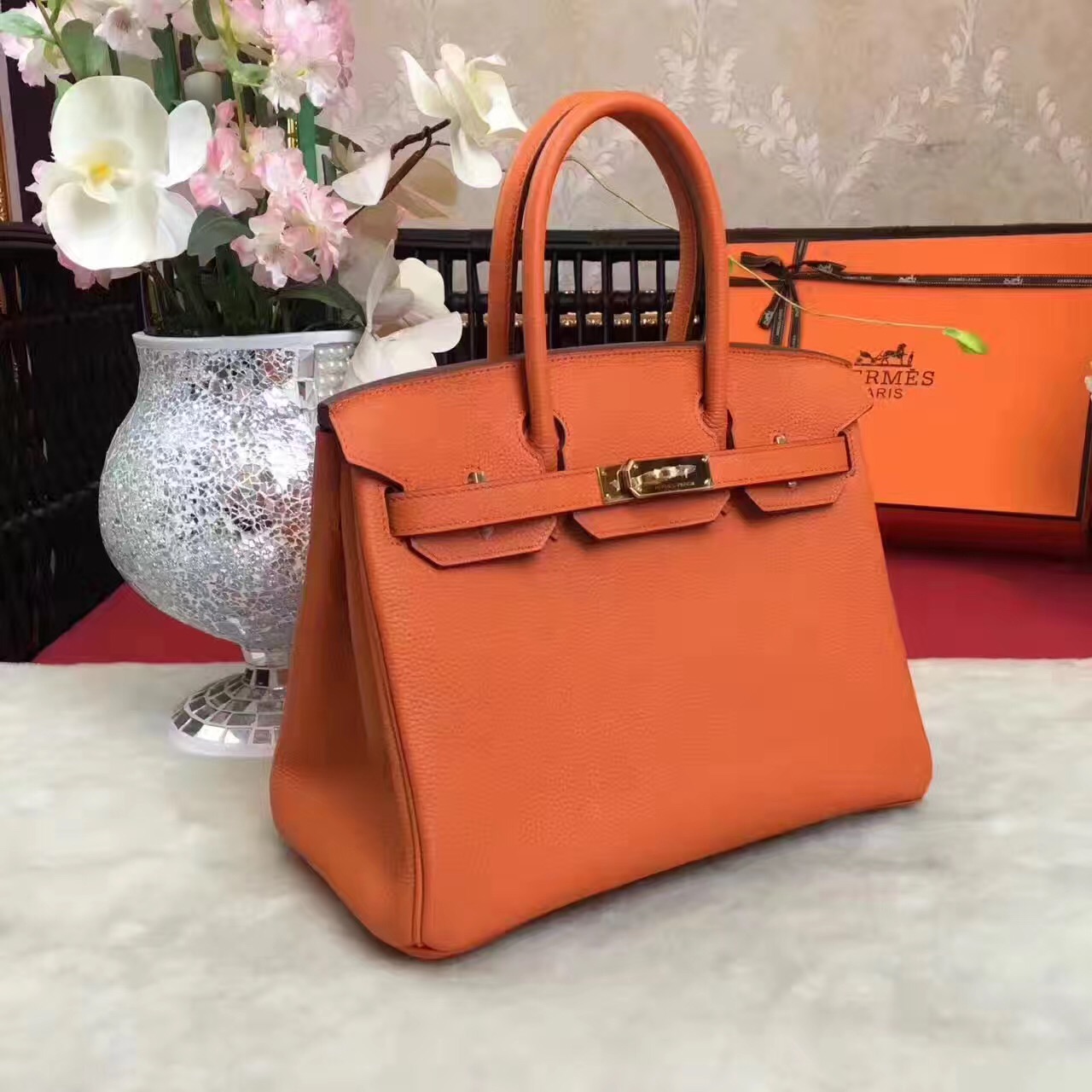 Hermes Birkin top leather orange handbags