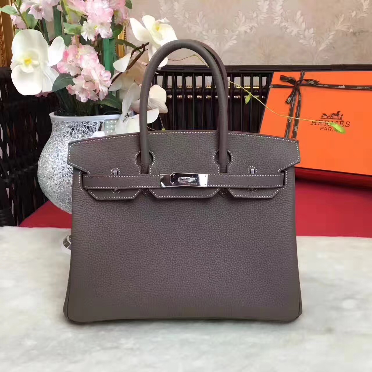 Hermes Birkin top gray leather dark handbags